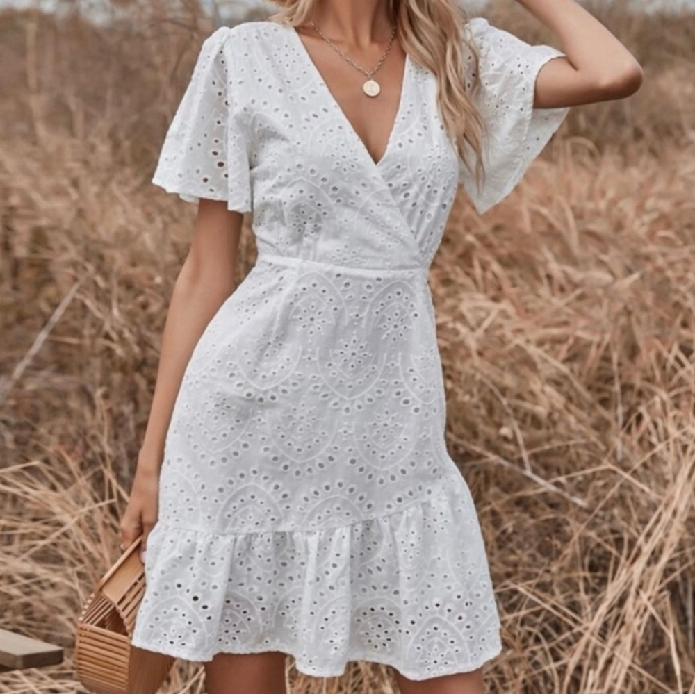 Japna Womens White Cotton Eyelet Wrap Ruffle Hem Dress Size Medium
